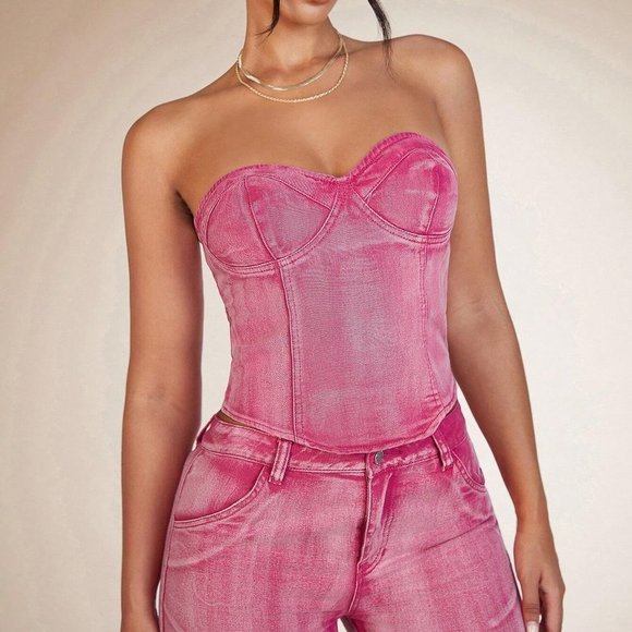 . Tops - Pink Preppy Womens Solid Tube Denim Top